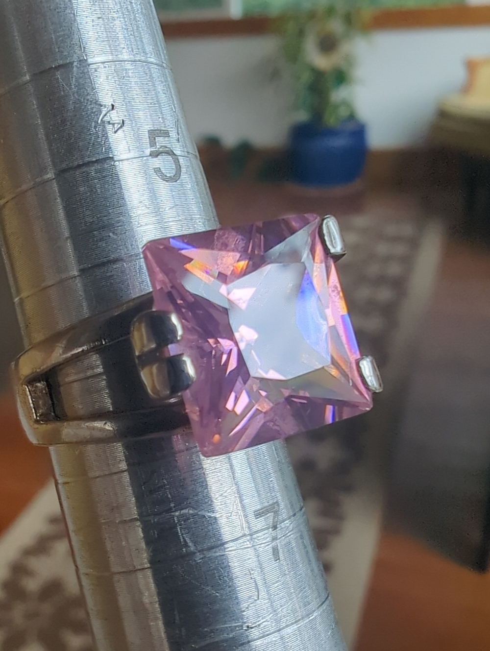 Vintage Charles Winston Sterling Silver Emerald Cut Pink CZ Bypass Ring Size 6